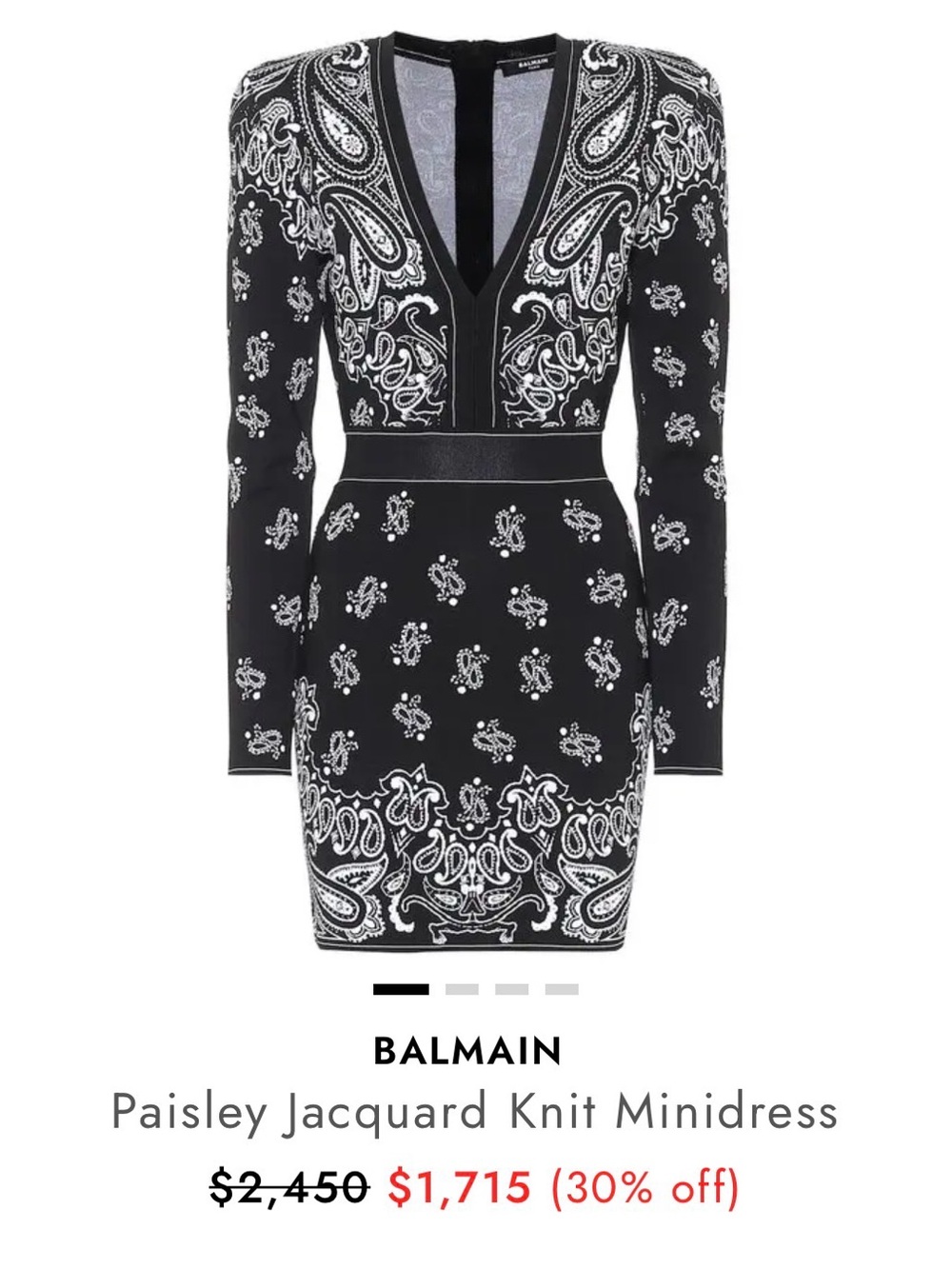 Balmain Black & White Paisley Knit Mini Dress with V-Neck